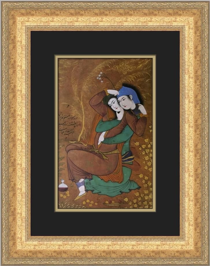 Reza-Ye Abbasi Two Lovers Custom Framed Art Print 1982: Reza-Ye Abbasi Two Lovers Custom Framed Art Print 1982 Elevate your space with this exquisite custom framed print titled 'Two Lovers' by artist Reza-Ye Abbasi. This medium-sized artwork measures 19