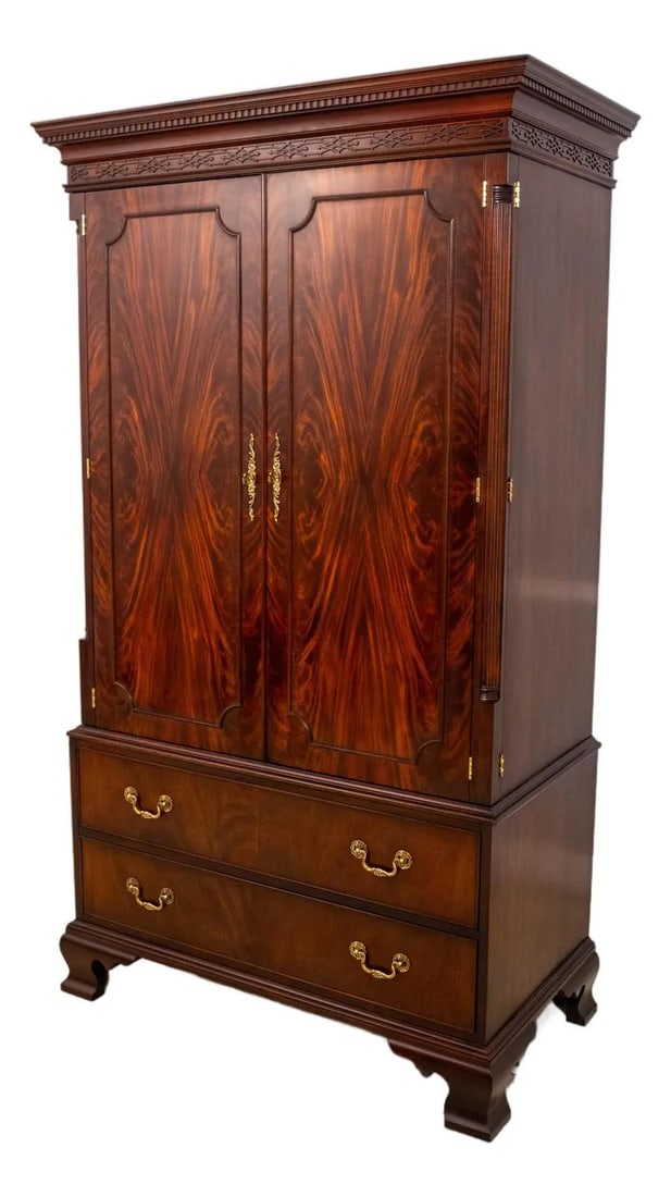 Henkel Harris Flame Mahogany Chippendale TV Armoire with Brass Hardware: Henkel Harris Flame Mahogany Chippendale TV Armoire with Brass Hardware This Henkel Harris Flame Mahogany Chinese Chippendale TV Armoire is a stunning piece that embodies the elegance of 18th-century