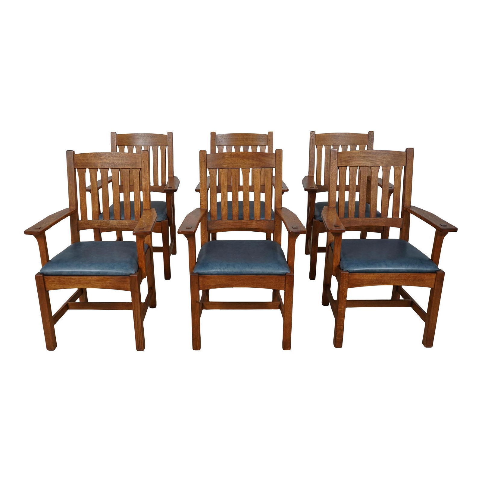 Set of 6 Stickley Mission Oak Armchairs with Blue Leather Seats: Set of 6 Stickley Mission Oak Armchairs with Blue Leather Seats This set of 6 Stickley Mission Oak dining room armchairs showcases the timeless Arts & Crafts style, featuring high-quality oak