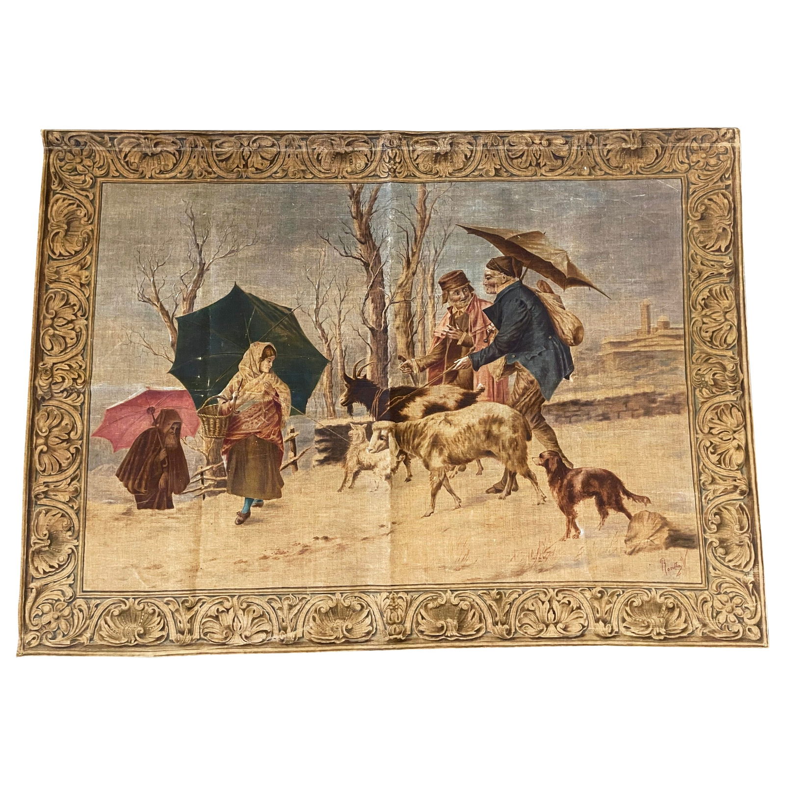 19th Century French Hand-Painted Tapestry by Rosetta V: 19th Century French Hand-Painted Tapestry by Rosetta V This exquisite 19th Century French hand-painted canvas tapestry, signed by the artist Rosetta V., showcases a captivating pastoral scene reminisc