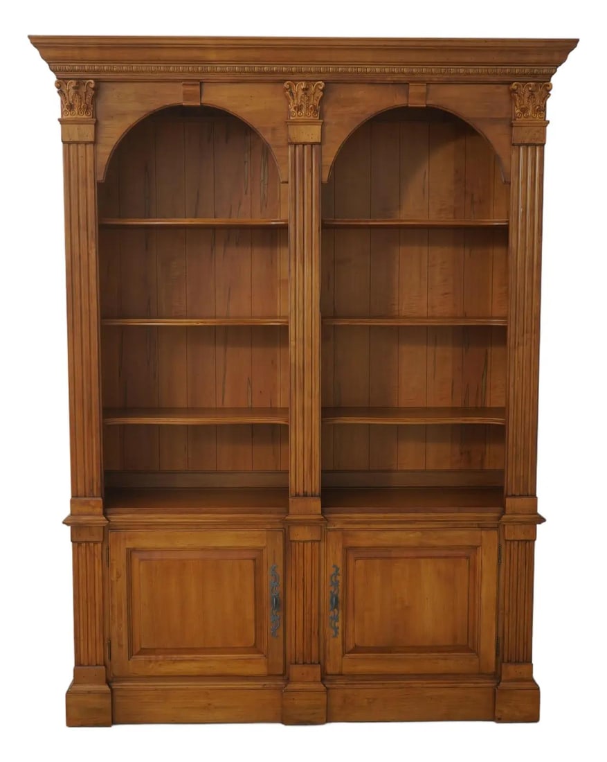 Ethan Allen Maple Open Bookcase with Carved Details 65w x 19d x 85.5h: Ethan Allen Maple Open Bookcase with Carved Details 65w x 19d x 85.5h This Ethan Allen Maple Open Bookcase features exquisite carved details and raised panel doors, showcasing a blend of elegance and