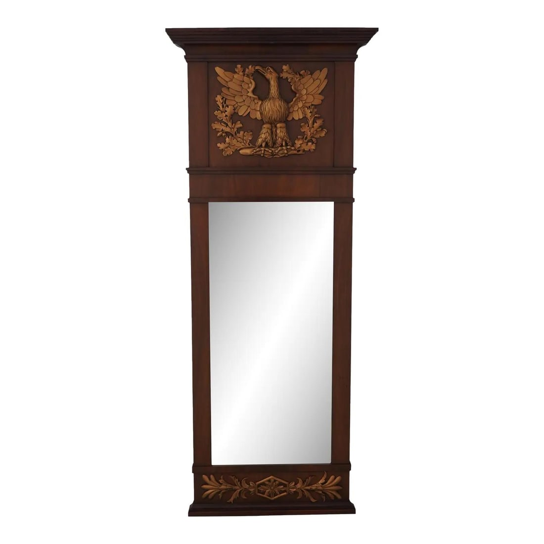 19th Century Walnut Eagle Carved Pier Mirror with Gold Accents: 19th Century Walnut Eagle Carved Pier Mirror with Gold Accents Presenting a stunning antique pier mirror from the early 19th century, crafted around 1820-1850. This impressive piece features a full-wi