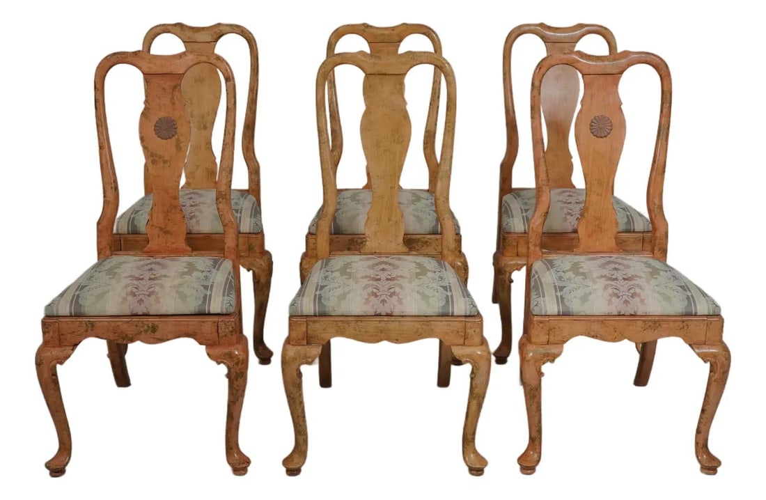 Set of 6 Queen Anne Painted Dining Chairs with Damask Upholstery (1 of 10)