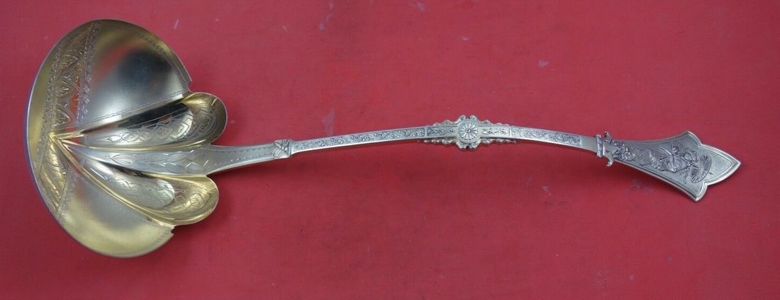 Gorham Japanese Sterling Silver Soup Ladle 13 3/4' Vermeil Gold Dragonfly Design: Gorham Japanese Sterling Silver Soup Ladle 13 3/4' Vermeil Gold Dragonfly Design This exquisite soup ladle, crafted by Gorham, showcases the elegant 'Japanese' pattern. Made from high-quality sterling