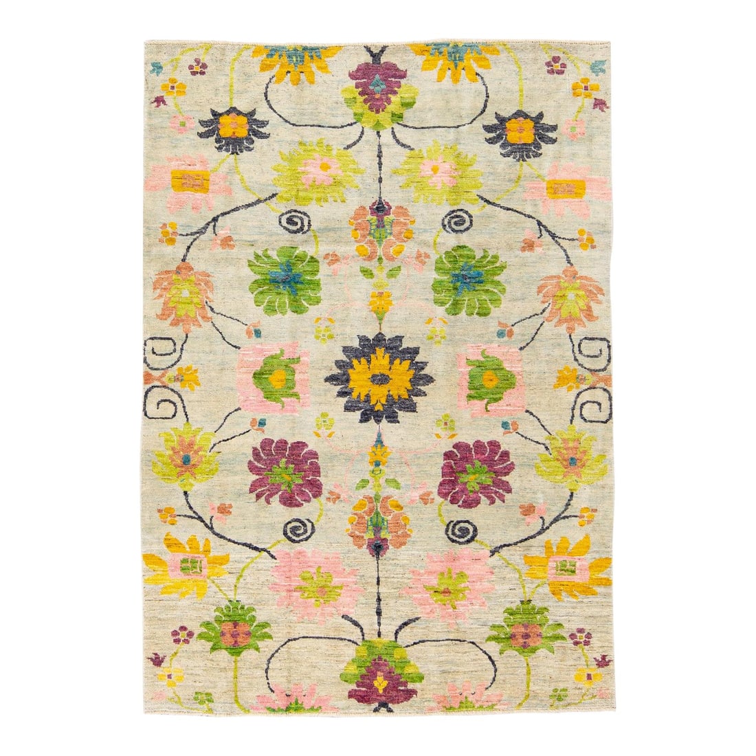 Handmade Modern Oushak Beige Floral Wool Rug 7' x 10' (1 of 10)