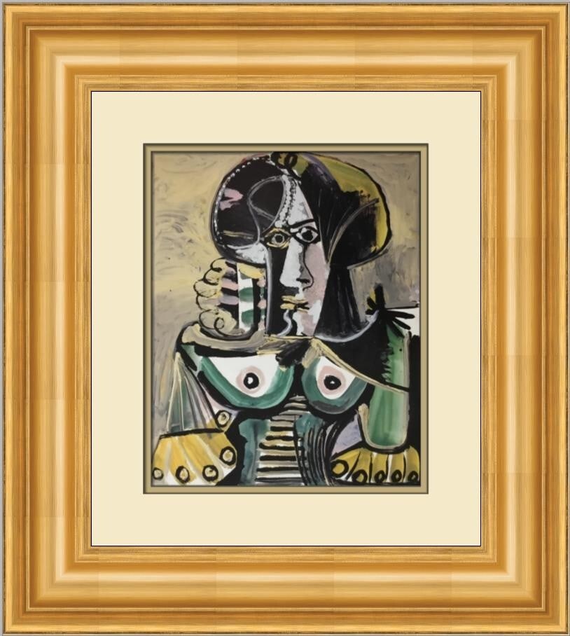 Pablo Picasso Bust of a Woman Custom Framed Surrealist Print 21 x 18: Pablo Picasso Bust of a Woman Custom Framed Surrealist Print 21 x 18 Enhance your art collection with this stunning custom framed print of Pablo Picasso's "Bust of a Woman." Created in 1985, this medi