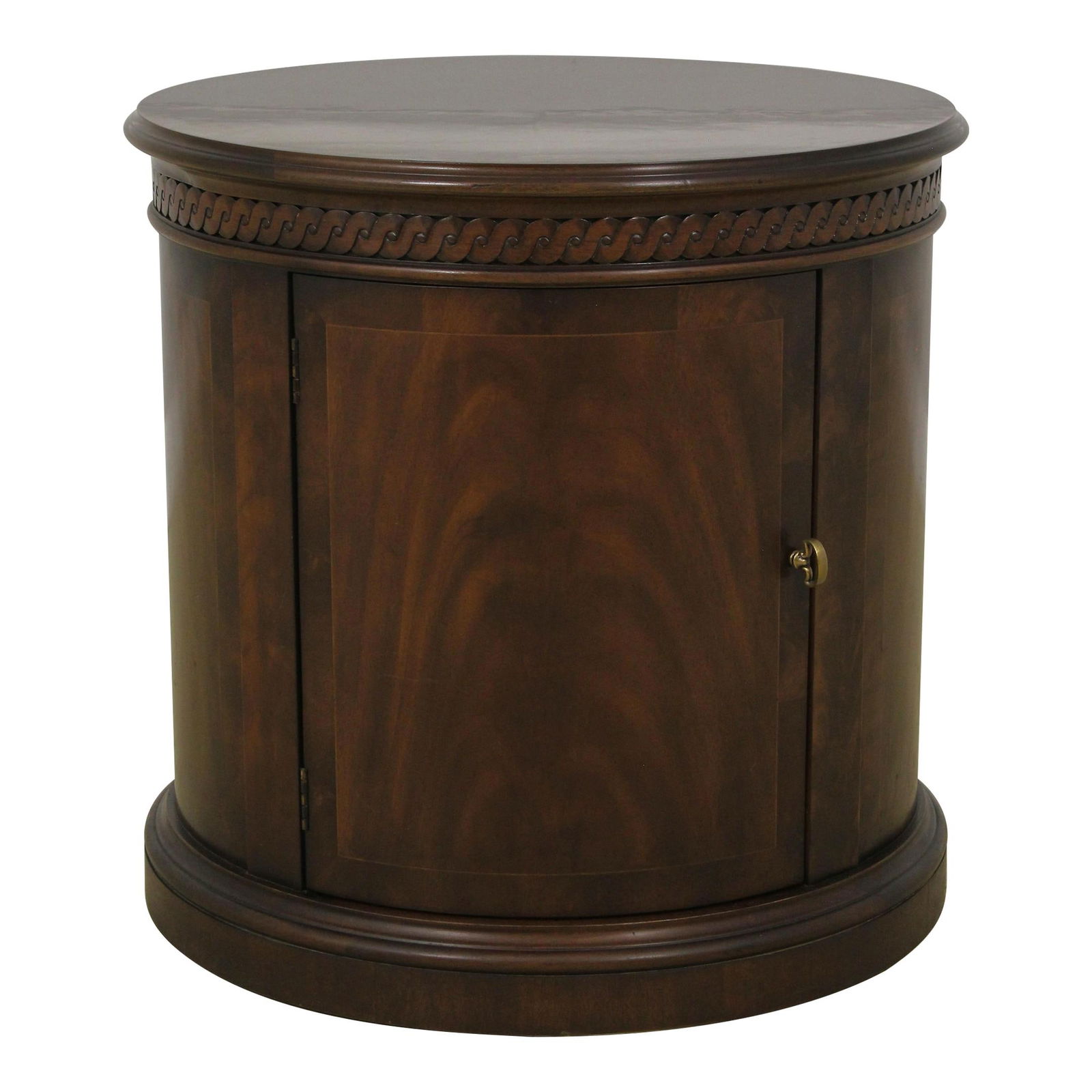 Ej Victor Round Mahogany Lamp Table Cabinet Neoclassical Design: Ej Victor Round Mahogany Lamp Table Cabinet Neoclassical Design This exquisite round lamp table cabinet by Ej Victor showcases a beautiful figural brown mahogany finish and a neoclassical design. Craf