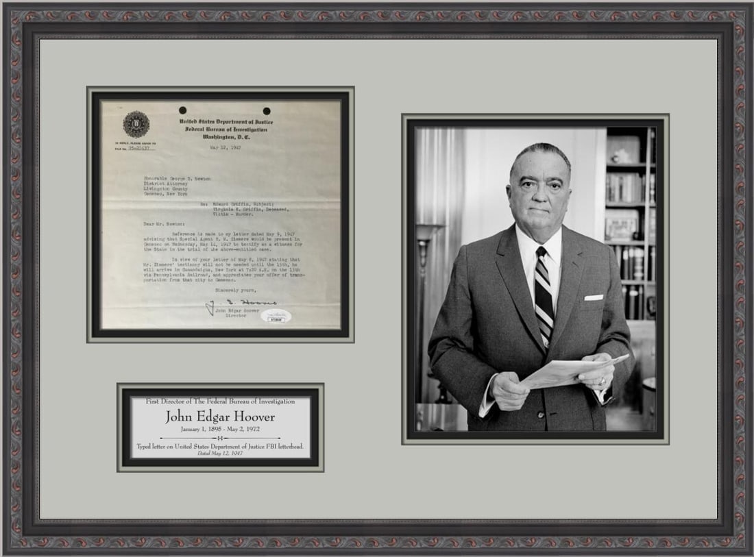 John Edgar Hoover Signed 1947 Letter Custom Framed with JSA Authentication (1 of 6)