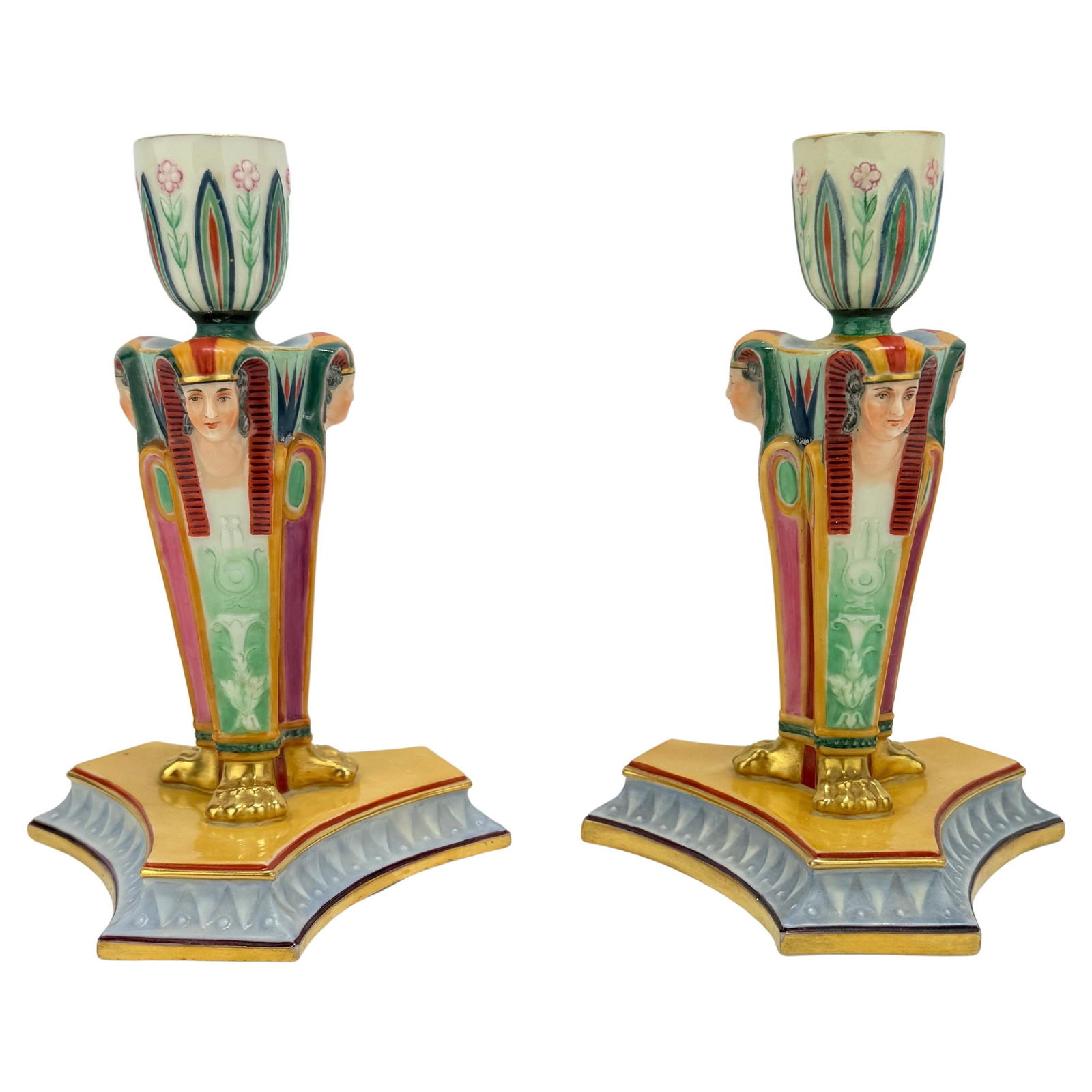 Kerr & Binns Worcester Egyptian Revival Candlesticks Set of 2 Circa 1852 (1 of 9)