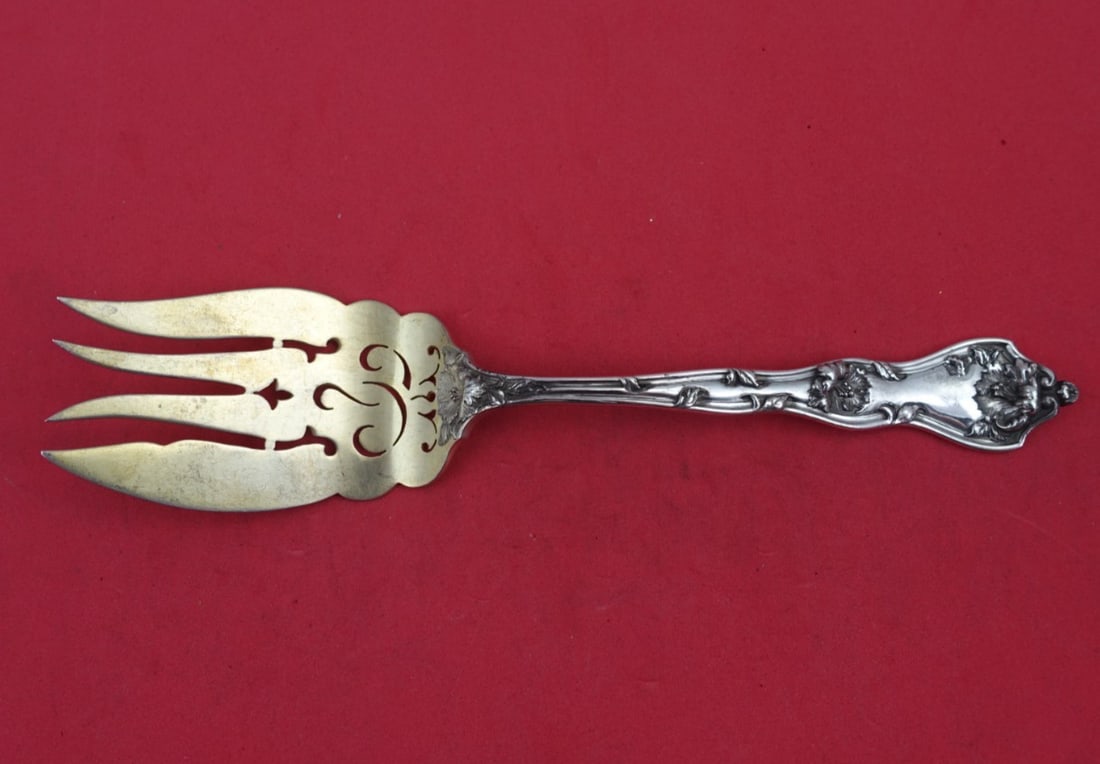 Reed and Barton Intaglio Sterling Silver Cold Meat Fork 7 3/4 inch Gold Washed Pierced (1 of 3)