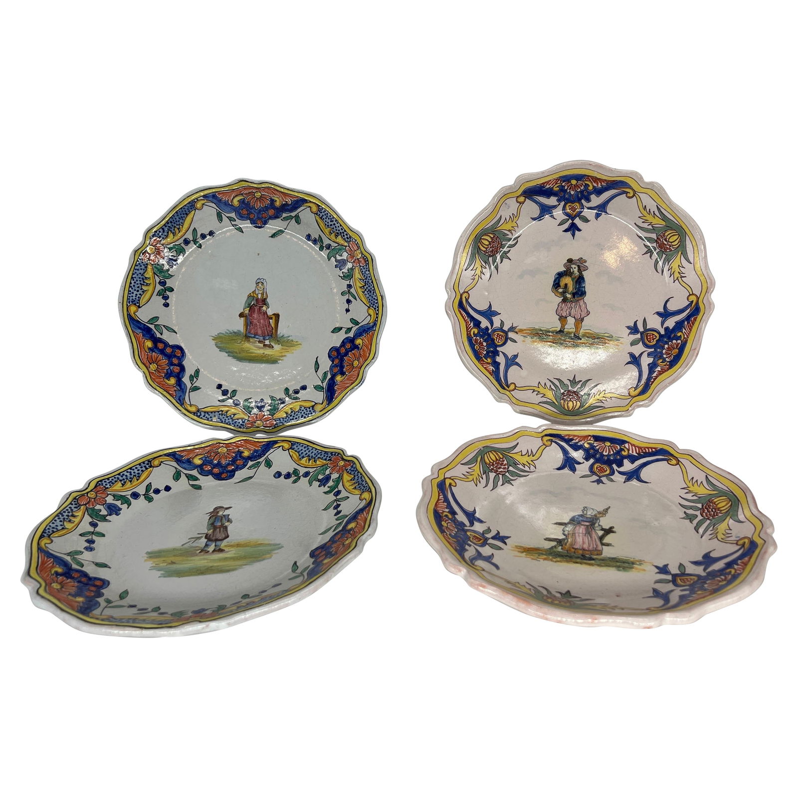 Set of 4 Vintage French Quimper Faience Pottery Plates: Set of 4 Vintage French Quimper Faience Pottery Plates Discover a charming collection of four vintage Quimper faience pottery plates, each featuring a beautifully hand-painted figural design. These pl