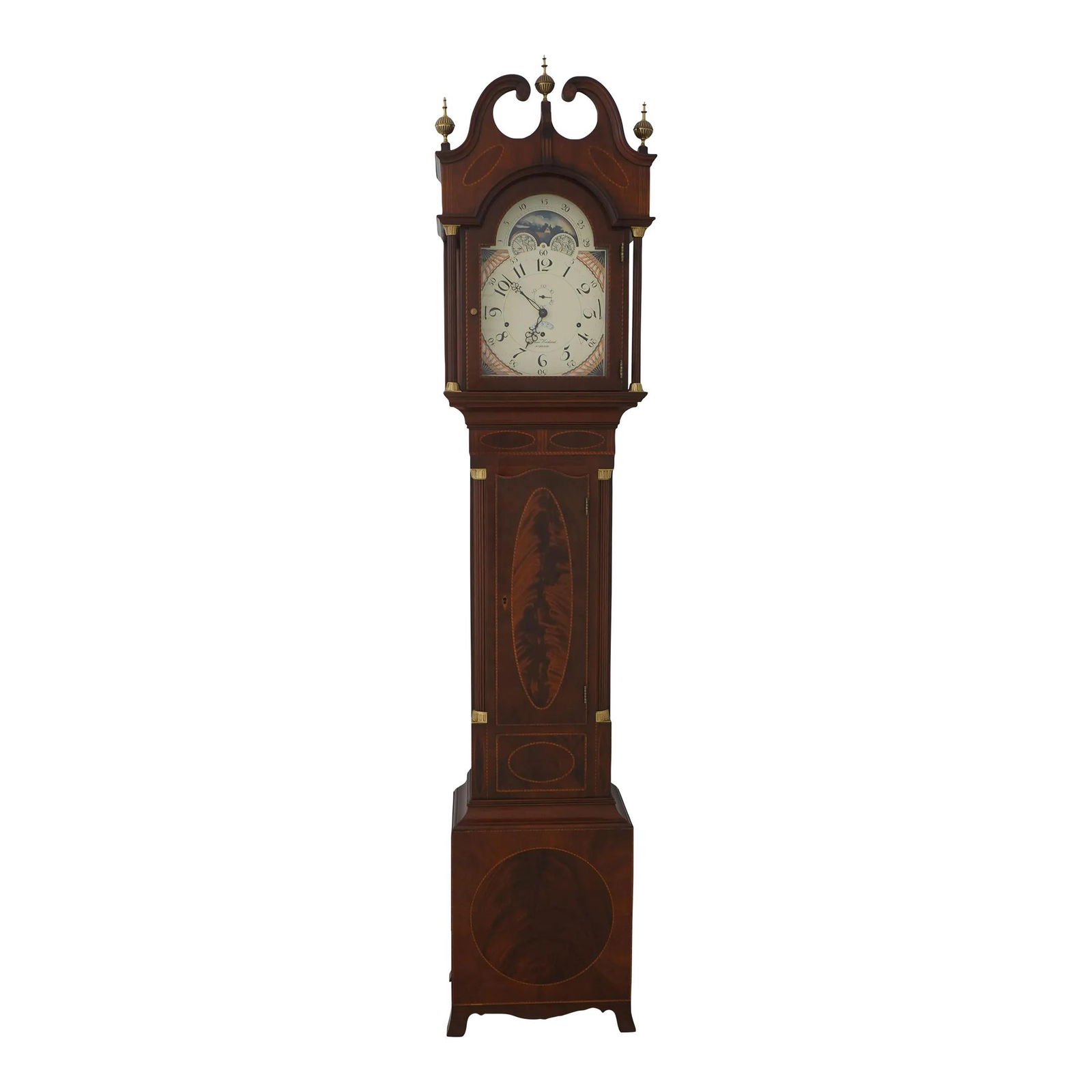 Sligh Thomas Harland Federal Style Mahogany Grandfather Clock: Sligh Thomas Harland Federal Style Mahogany Grandfather Clock This exquisite Sligh Thomas Harland Grandfather Clock showcases a timeless design with its fluted quarter columns and Federal style pedime