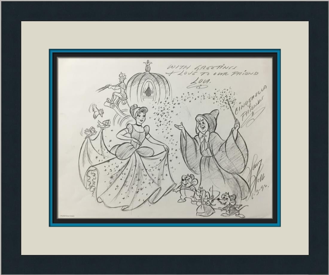 Disney Cinderella Original Sketch Print Custom Framed 15x18: Disney Cinderella Original Sketch Print Custom Framed 15x18 This captivating artwork features original sketches of Cinderella by a Disney Park Artist, beautifully presented in a custom frame. Produced