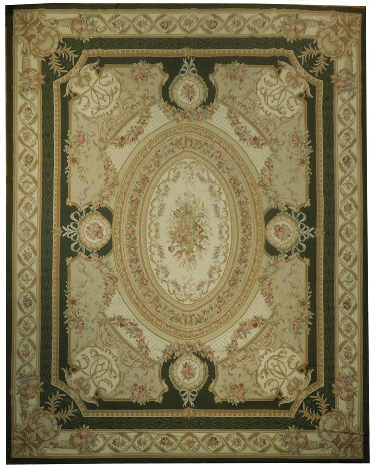 12 x 15 Greenish Ivory Handcrafted Aubusson Area Rug (1 of 6)