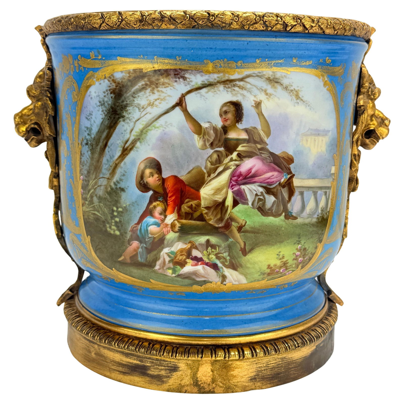 19th Century French Sevres-Style Gilt Bronze Cachepot with Rococo Scene: 19th Century French Sevres-Style Gilt Bronze Cachepot with Rococo Scene This exquisite 19th Century French porcelain cachepot showcases the elegance of Sevres-style craftsmanship. The cachepot feature