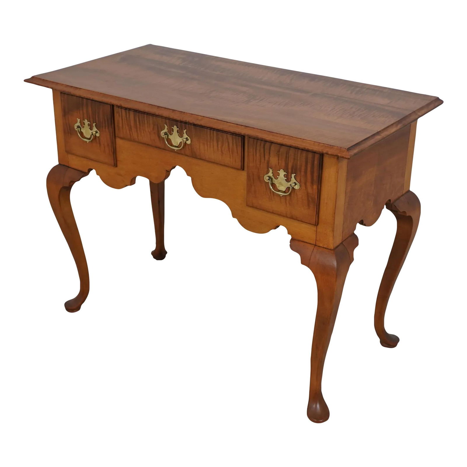 Handcrafted Tiger Maple 3-Drawer Lowboy Dressing Table: Handcrafted Tiger Maple 3-Drawer Lowboy Dressing Table This exquisite Bench Made Tiger Maple Lowboy Dressing Table features a timeless design with three hand dovetailed drawers, crafted for durability