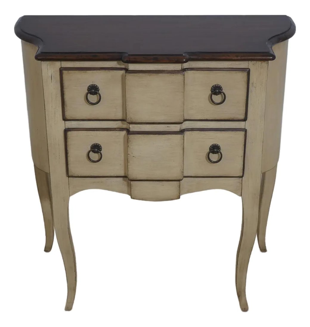 Italian Two Drawer Painted Walnut Commode in Continental Design: Italian Two Drawer Painted Walnut Commode in Continental Design This Italian Continental style commode chest features two drawers with dovetailed construction and a factory distressed walnut finish. T