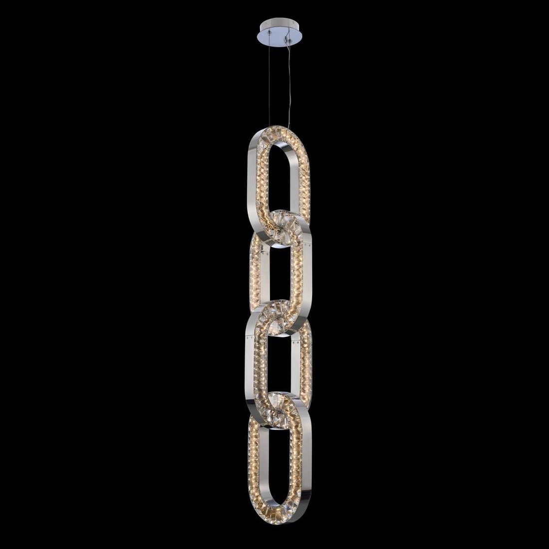 Kalco Catena Chain Link LED Fixture Chrome Firenze Crystal 62in: Kalco Catena Chain Link LED Fixture Chrome Firenze Crystal 62in Illuminate your space with the elegant Chain Link Crystal LED Fixture, a stunning addition to any foyer. This contemporary-style lightin