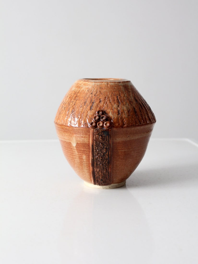 Artist Signed Vintage Studio Pottery Vase Two Tone Brown Glaze (1 of 11)