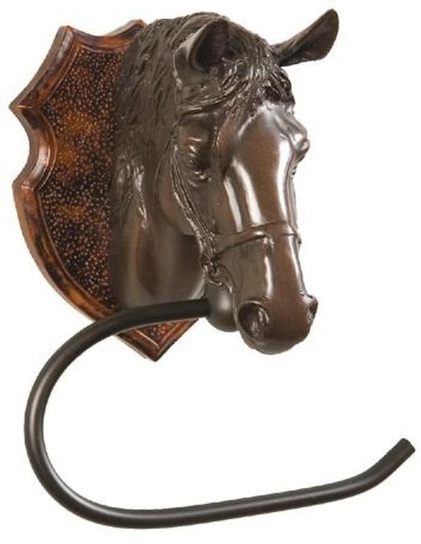 Hand-Painted Equestrian Horse Head Toilet Paper Holder Lodge Style: Hand-Painted Equestrian Horse Head Toilet Paper Holder Lodge Style Introducing a unique hand-painted toilet paper holder designed in the shape of a horse head, perfect for adding a rustic touch to you