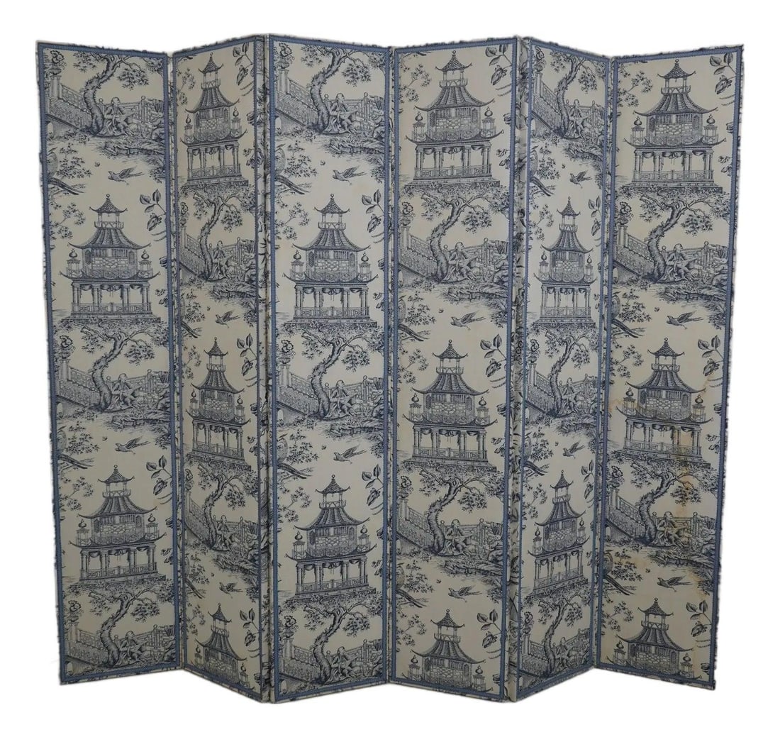 Blue Upholstered Chinoiserie Six Panel Room Divider Folding Screen (1 of 10)