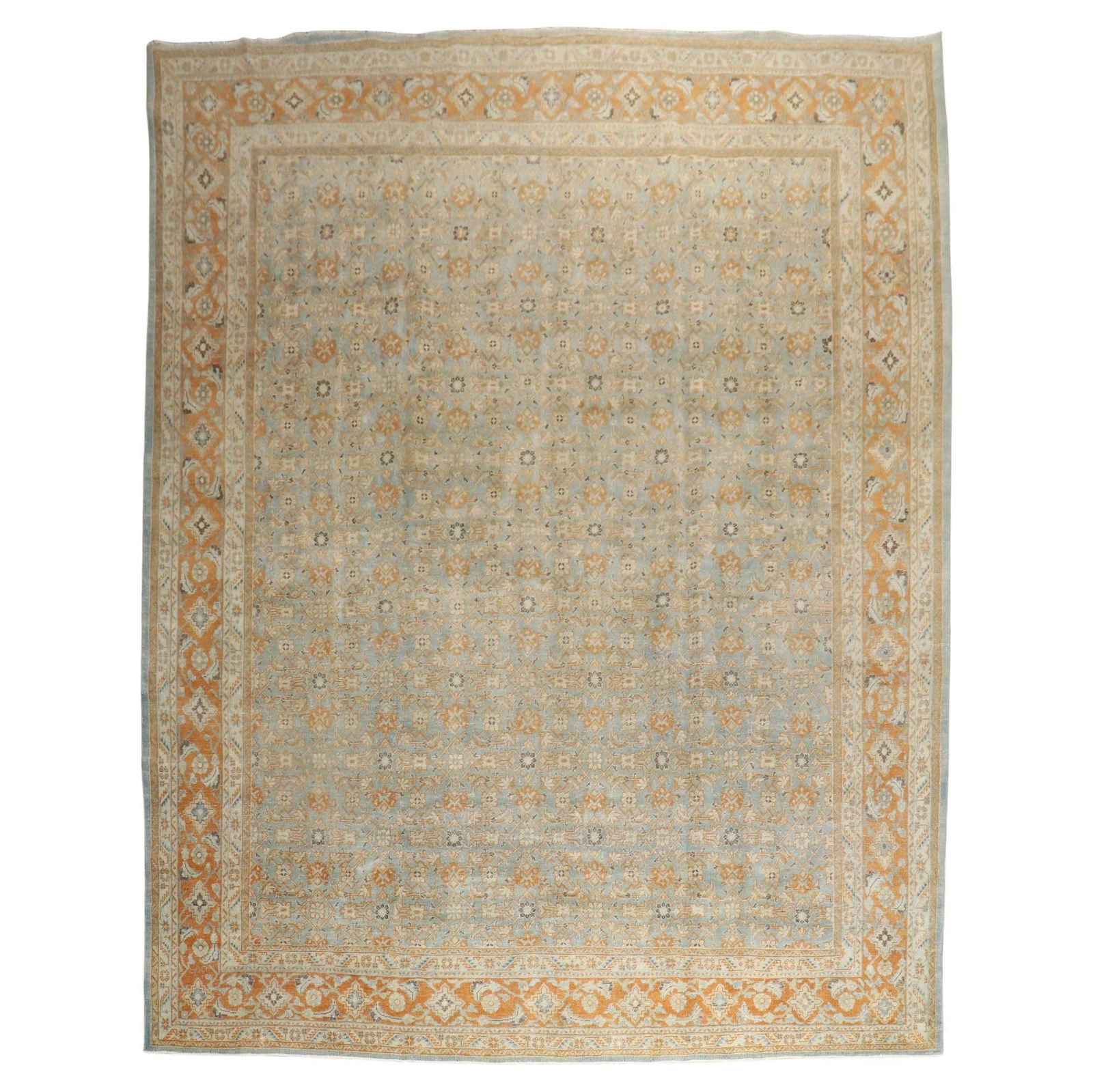 Antique Persian Tabriz Blue Orange Wool Rug 10'4 x 14'6: Antique Persian Tabriz Blue Orange Wool Rug 10'4 x 14'6 Experience the elegance of this Antique Persian Tabriz rug, a stunning piece from the early 20th century. This exquisite rug features a vibrant