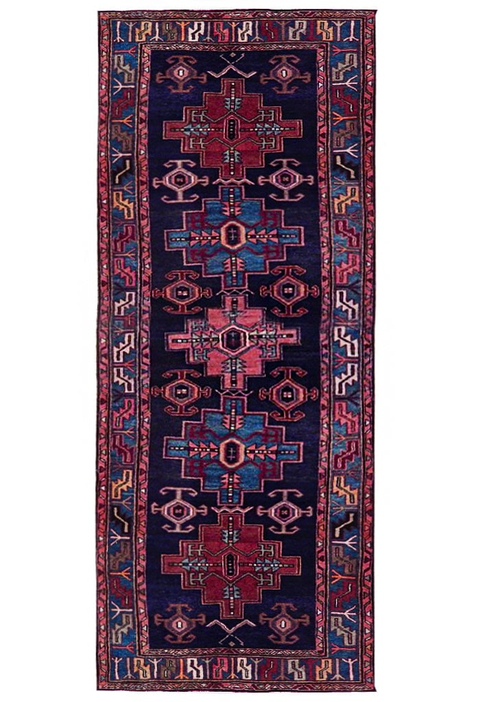 Navy Blue Semi-Antique Persian Hamadan Runner 3.7 x 9.9 Handmade Wool (1 of 6)