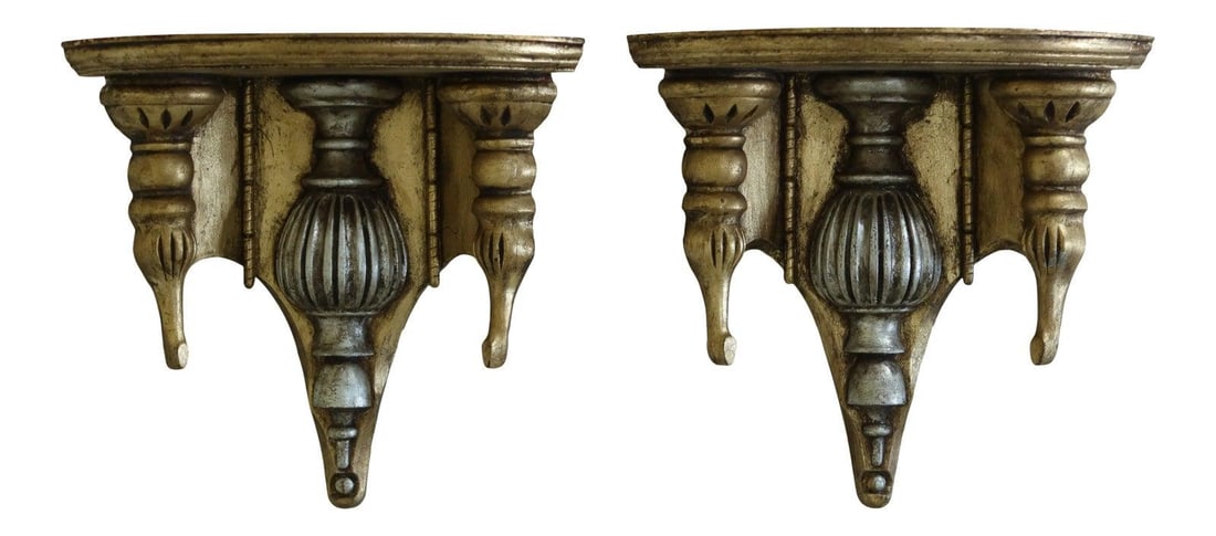 Pair of Custom Gold Leaf Wall Shelves with Silver Center: Pair of Custom Gold Leaf Wall Shelves with Silver Center Enhance your home decor with this stunning pair of custom crafted gold leaf wall shelves. These exquisite shelves feature a quality constructio