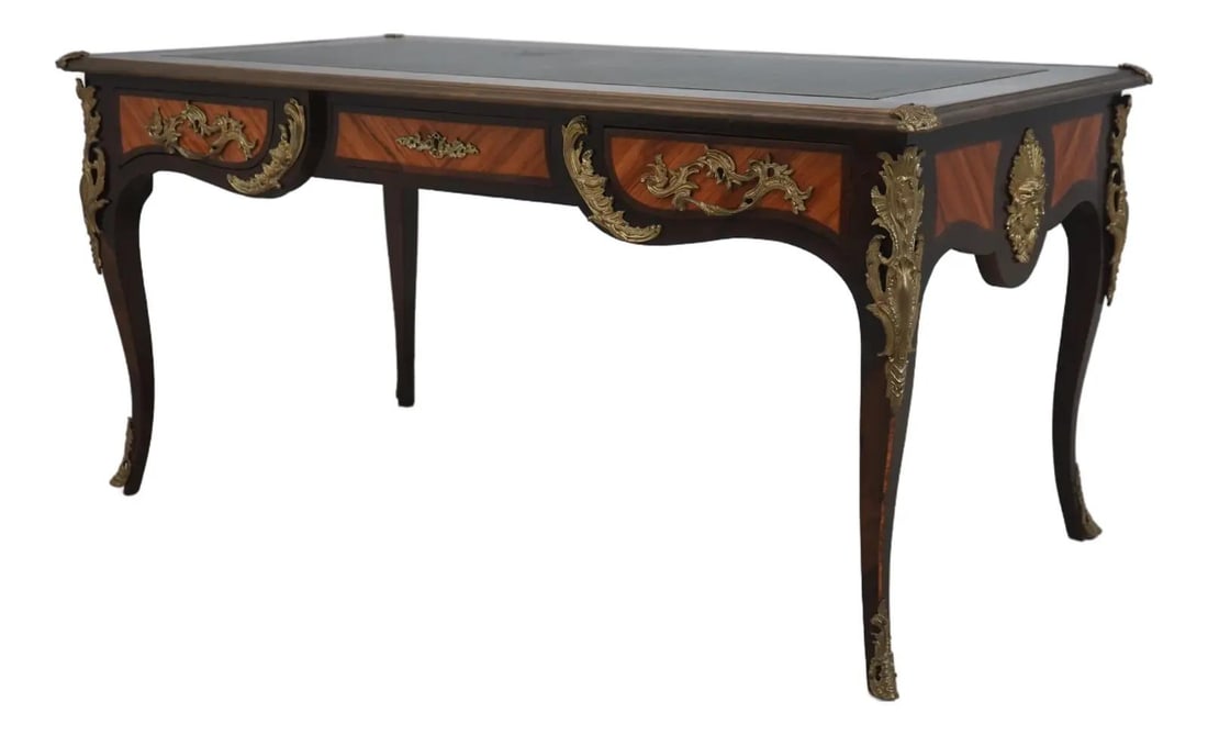 French Walnut Partner Desk with Ormolu and Inlay 19th Century Louis XV Influence: French Walnut Partner Desk with Ormolu and Inlay 19th Century Louis XV Influence This vintage Louis XV style partner writing desk dates from approximately 1890 to 1910 and is crafted from walnut. The