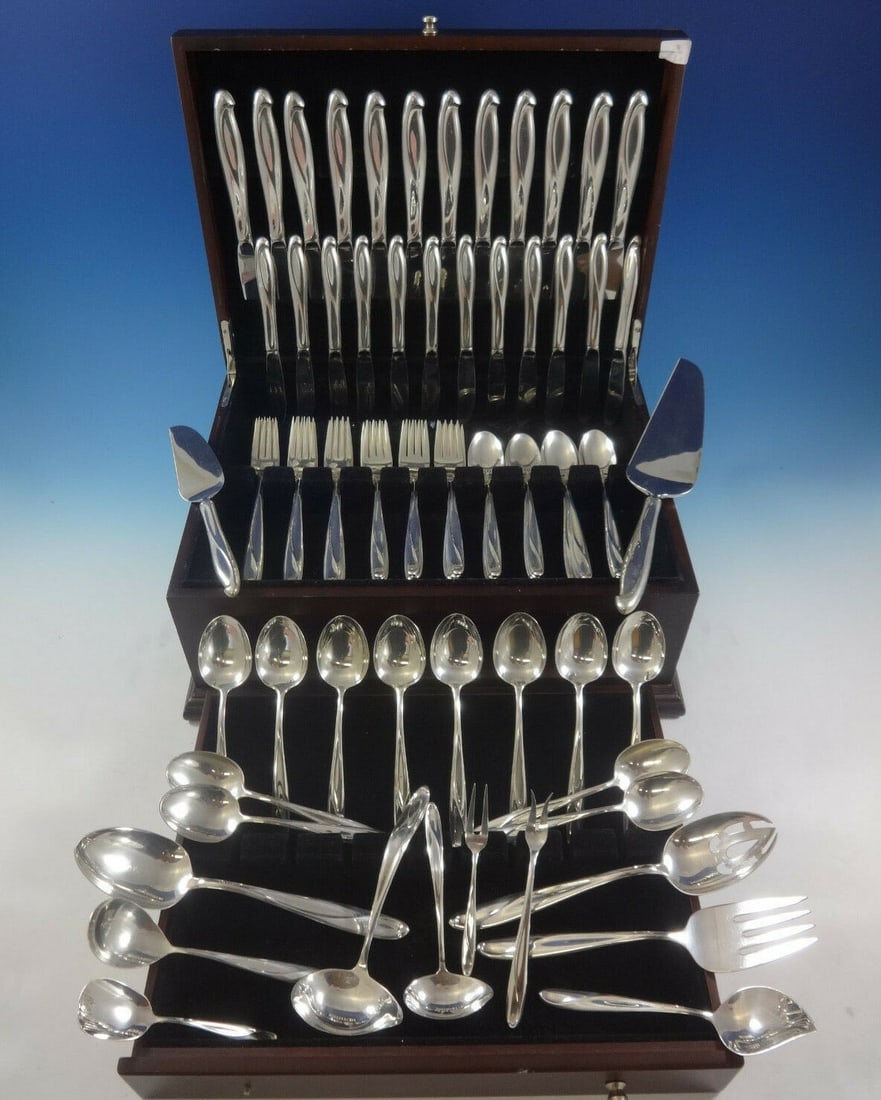 Reed & Barton Silver Sculpture Flatware Set 84 Pcs Service for 12 Mid-Century Modern (1 of 12)