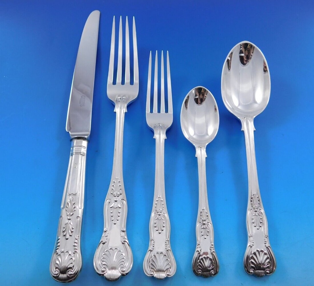C.J. Vander Kings Sterling Silver Flatware Set 64 pcs with Storage Chest: C.J. Vander Kings Sterling Silver Flatware Set 64 pcs with Storage Chest Elevate your dining experience with this exquisite Kings flatware set by C.J. Vander, crafted from fine sterling silver. This 6