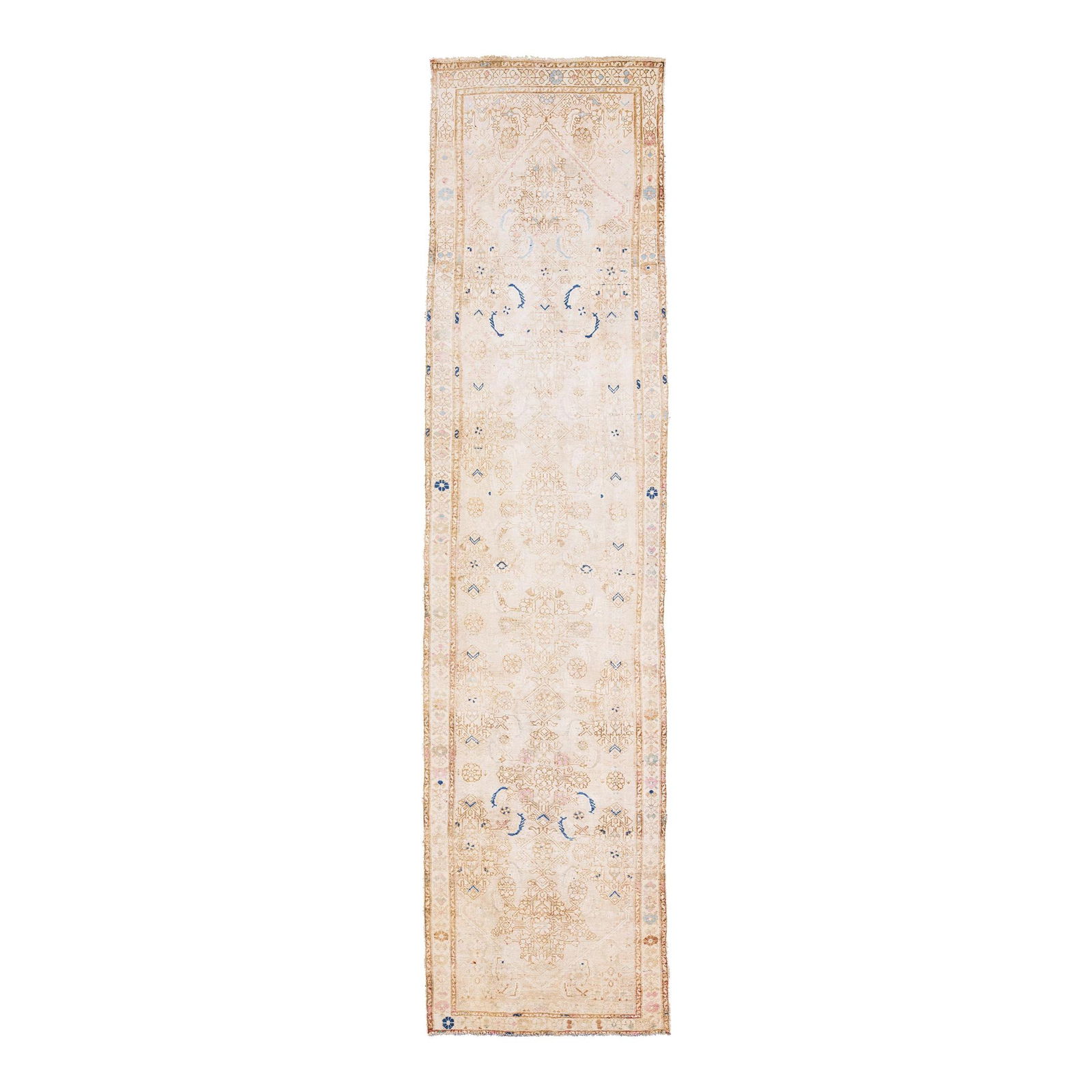 Vintage Persian Malayer Beige Wool Runner 3'2" x 13'2" Floral Medallion: Vintage Persian Malayer Beige Wool Runner 3'2" x 13'2" Floral Medallion This exquisite vintage Persian Malayer runner showcases a stunning hand-knotted wool construction, featuring a warm beige field