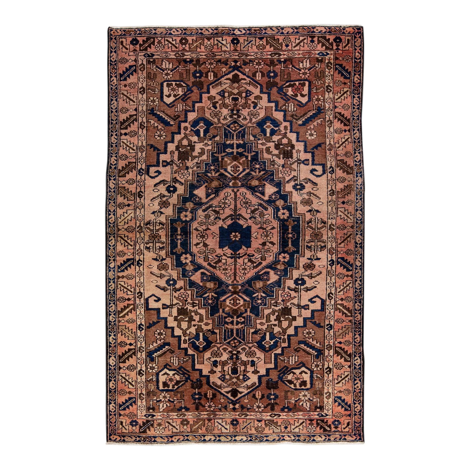 Handmade Vintage Persian Wool Rug Brown Medallion 4'2" X 6'9": Handmade Vintage Persian Wool Rug Brown Medallion 4'2" X 6'9" This exquisite Vintage Persian rug showcases a beautiful hand-knotted construction, highlighting a rich brown field adorned with multicolo