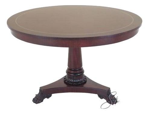Empire Style Mahogany Library Table with Inlaid Banded Border Model 76-012: Empire Style Mahogany Library Table with Inlaid Banded Border Model 76-012 This Kindel Model 76-012 Empire library table features a round design crafted from mahogany and is finished in 027 Winterthur
