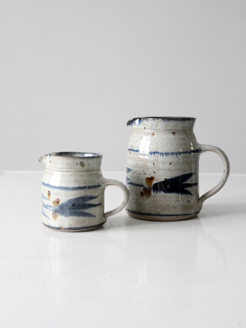 Vintage English Studio Pottery Pitcher Set of 2 with Blue Glaze (1 of 11)
