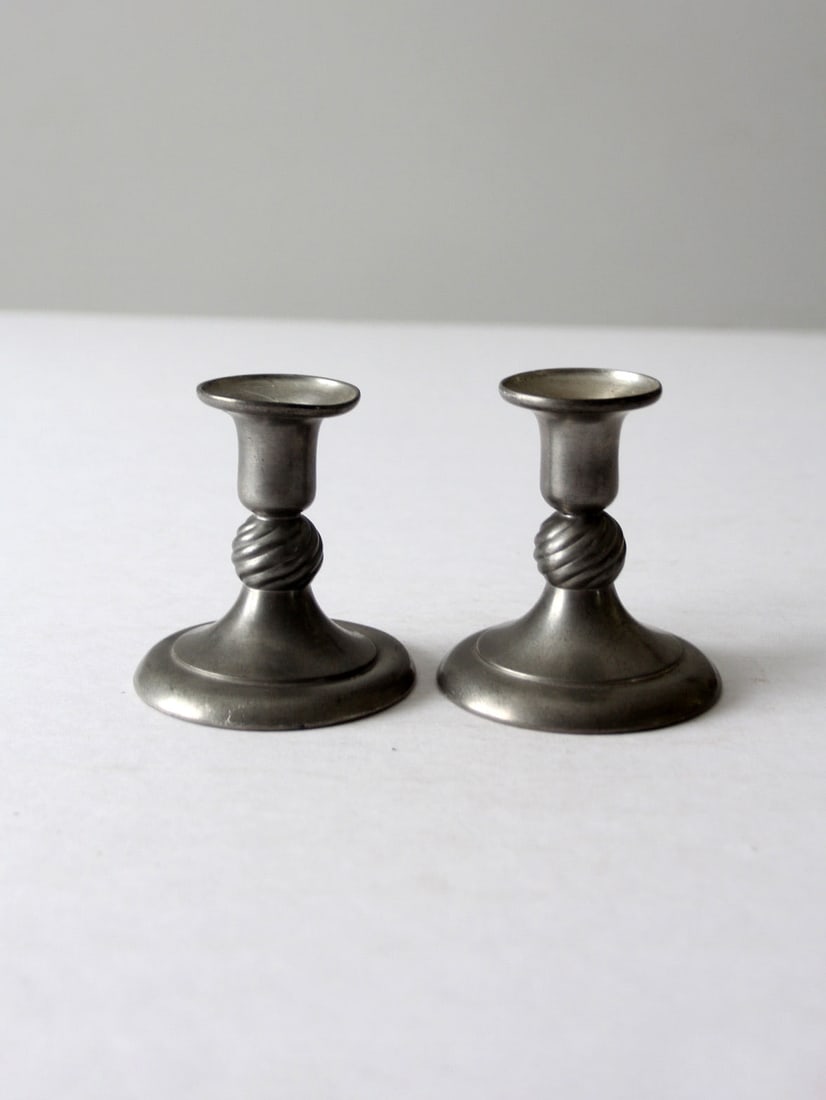 KMD Royal Holland Vintage Pewter Candlestick Holders Pair: KMD Royal Holland Vintage Pewter Candlestick Holders Pair Enhance your home decor with this elegant pair of mid-20th century vintage KMD Royal Holland pewter candlestick holders. Each piece showcases