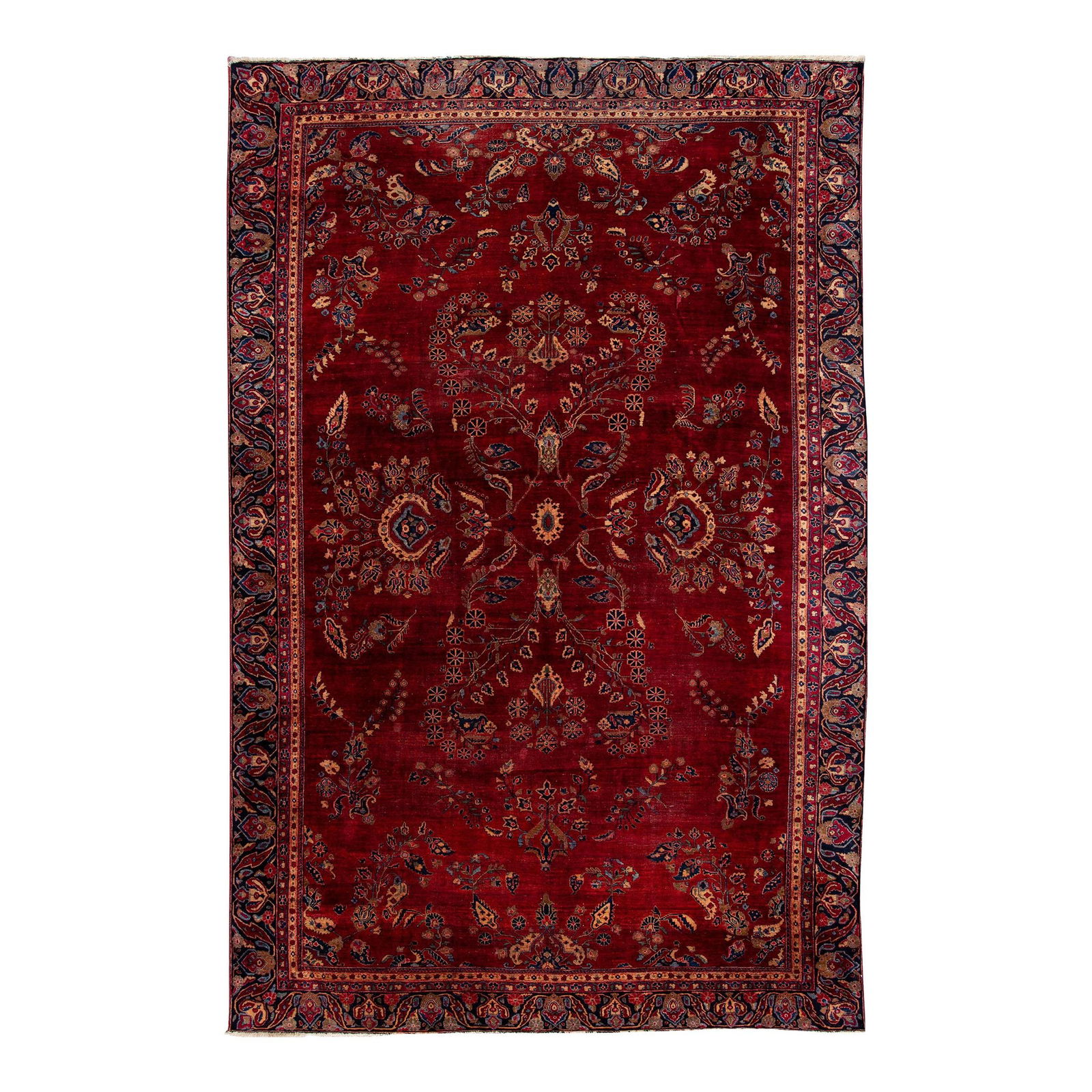 1920s Handmade Persian Sarouk Wool Rug Red Floral Design 9'10 x 14': 1920s Handmade Persian Sarouk Wool Rug Red Floral Design 9'10 x 14' This exquisite antique Persian Sarouk rug, handcrafted from high-quality wool, features a stunning red field adorned with a beautifu