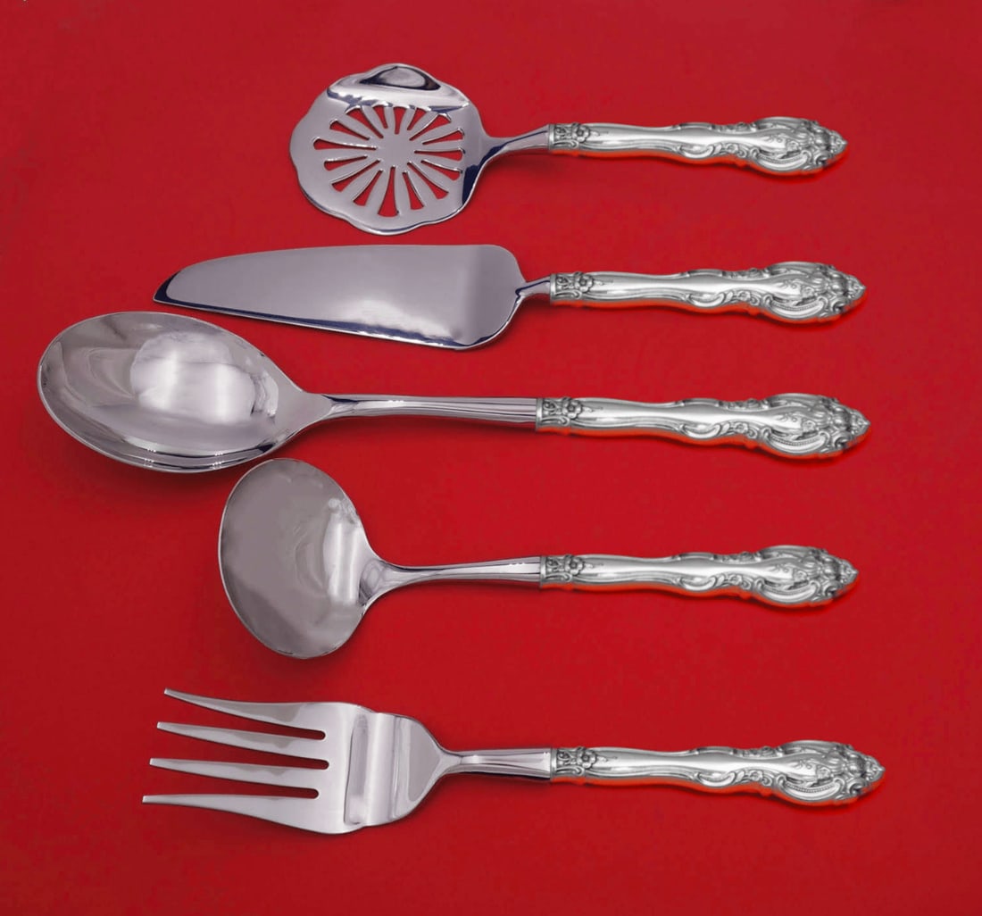 Gorham La Scala Sterling Silver 5-Piece Thanksgiving Serving Set: Gorham La Scala Sterling Silver 5-Piece Thanksgiving Serving Set Elevate your Thanksgiving celebrations with the exquisite La Scala Sterling Silver Hostess Set by Gorham. This custom-made 5-piece serv