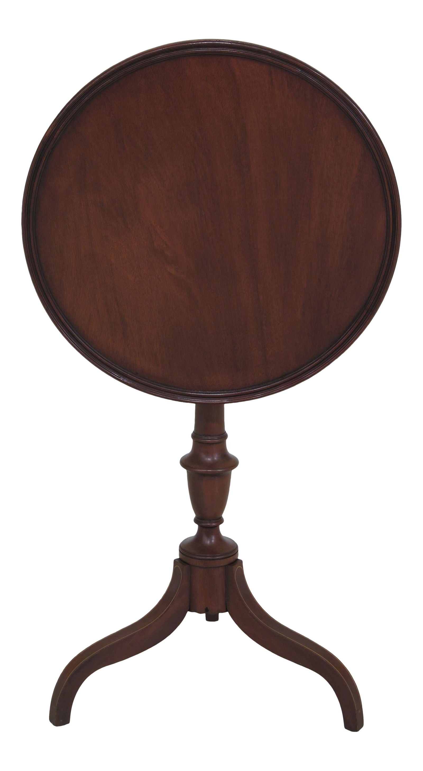 1950s Federal Brandt Mahogany Tilt Top Table with Dish Top: 1950s Federal Brandt Mahogany Tilt Top Table with Dish Top This exquisite 1950s Federal Brandt Inlaid Base Mahogany Tilt Top Table showcases elegant craftsmanship and a timeless design. The table feat