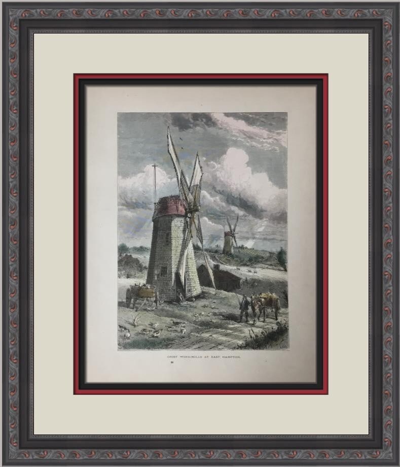 Grist Wind-Mills Etching East Hampton NY 1800s Custom Framed Museum Quality (1 of 2)