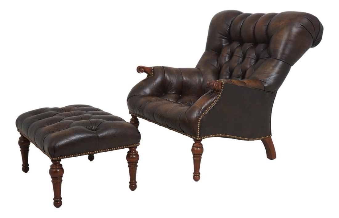 Brown Leather Leopold Chair and Ottoman with Tufted Detailing (1 of 10)