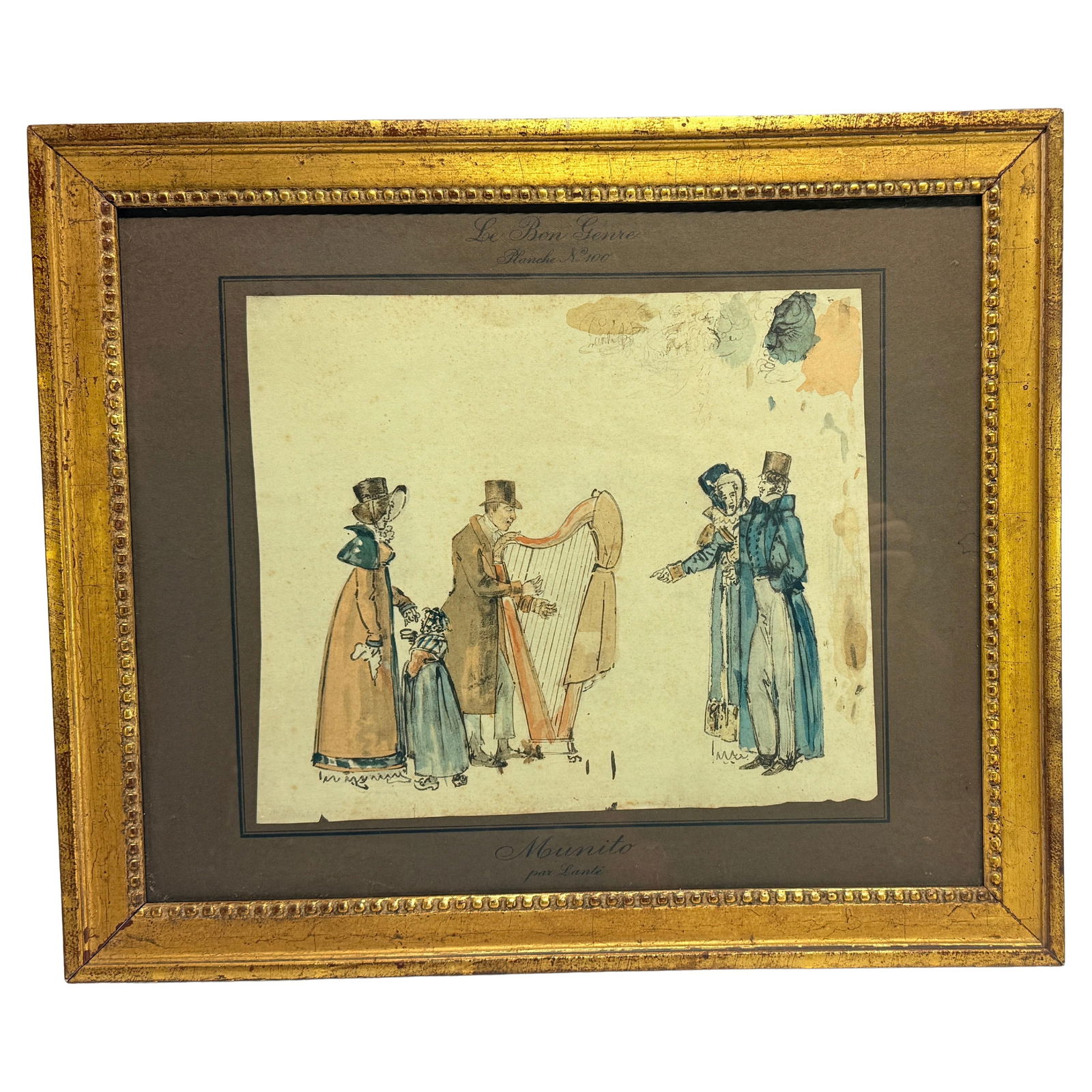 19th Century Watercolor Mounito by Louis-Marie Lante in Giltwood Frame: 19th Century Watercolor Mounito by Louis-Marie Lante in Giltwood Frame Discover the exquisite charm of 19th-century Parisian society with this original watercolor illustration titled *Mounito* by Loui