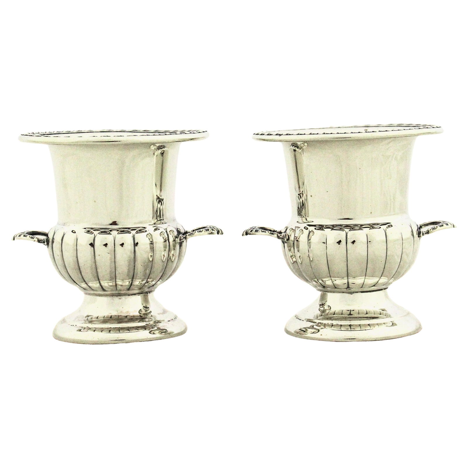 Set of 2 Wallace Sterling Silver Petite Urn Form Vessels Circa 1910: Set of 2 Wallace Sterling Silver Petite Urn Form Vessels Circa 1910 This pair of petite sterling silver urns, crafted by Wallace Silversmiths around the 1910s, features a classic urn shape with a flar