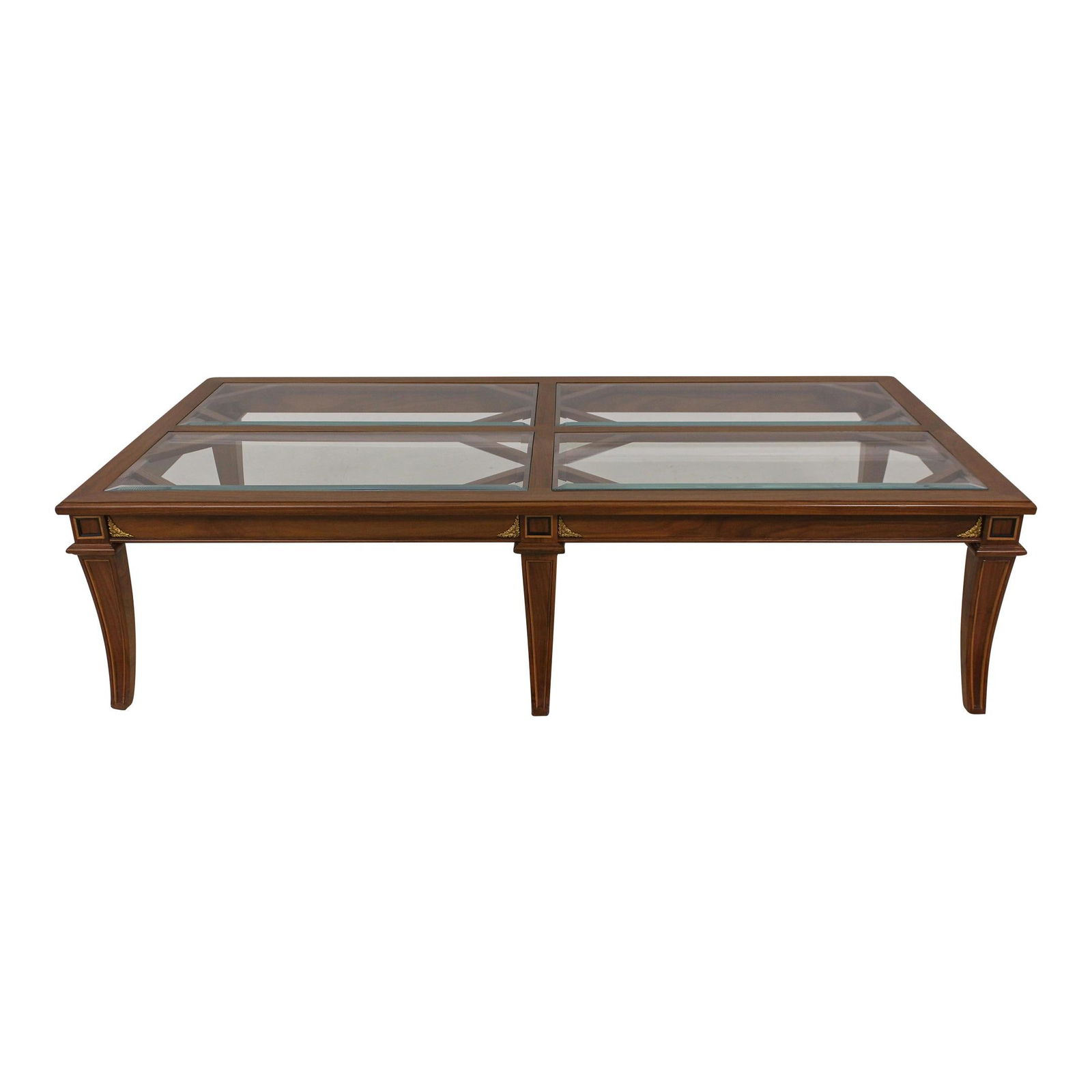 John Widdicomb Attributed Regency Walnut Coffee Table with Beveled Glass Top: John Widdicomb Attributed Regency Walnut Coffee Table with Beveled Glass Top This impressive Regency Style coffee table features a high-quality construction with a beautiful walnut frame and a