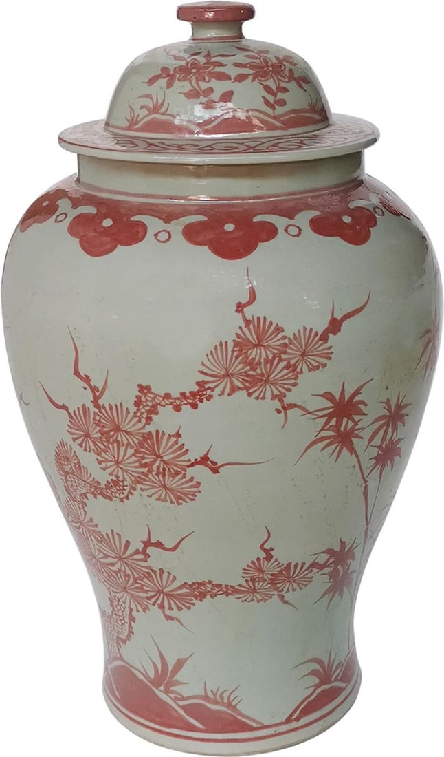 Handmade Coral Red Ceramic Temple Jar Asian Antique Style (1 of 1)