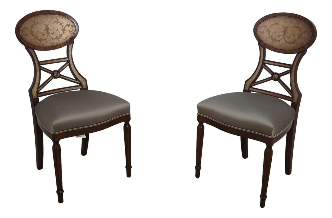 Theodore Alexander Empire Style Eglomise Side Chairs Pair: Theodore Alexander Empire Style Eglomise Side Chairs Pair This exquisite pair of Theodore Alexander Eglomise Empire Style Side Chairs showcases exceptional craftsmanship and timeless elegance. Featuri