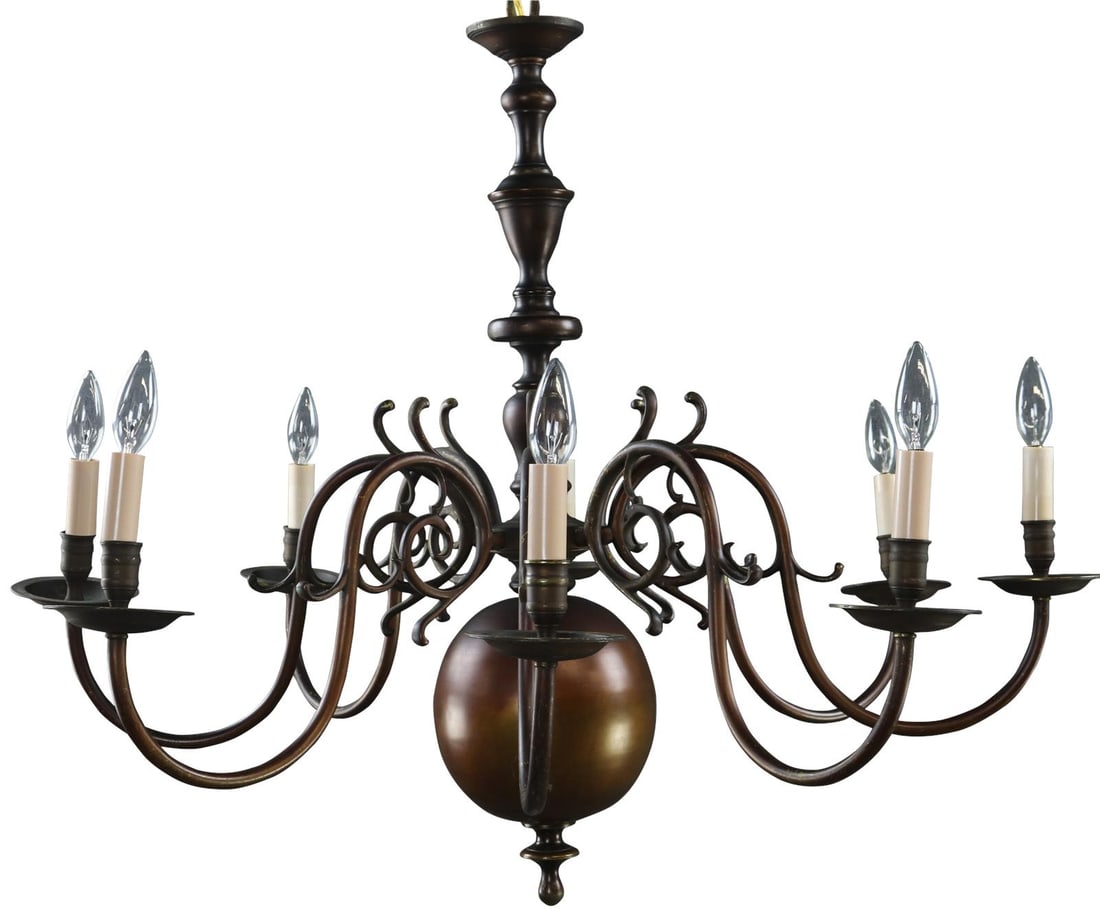 Vintage 1930 Copper Finish 8-Light Flemish Bowl Chandelier: Vintage 1930 Copper Finish 8-Light Flemish Bowl Chandelier Illuminate your space with this exquisite Vintage 8-Light Flemish Chandelier, featuring a stunning copper finish. Designed in the Flemish sty