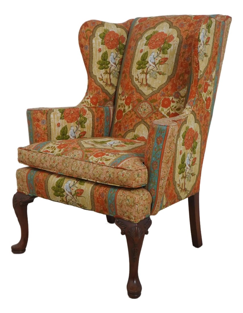 Mahogany Wingback Chair With Down Cushion and Queen Anne Legs (1 of 10)