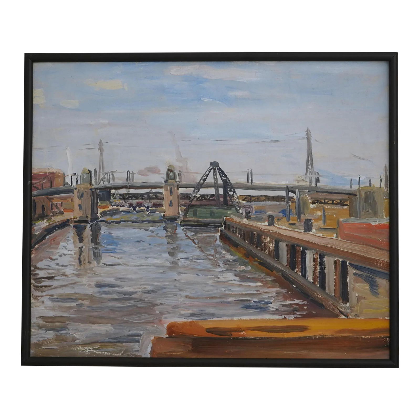 Charming 40 Year Old Waterfront Bridge Oil Painting on Canvas (1 of 8)