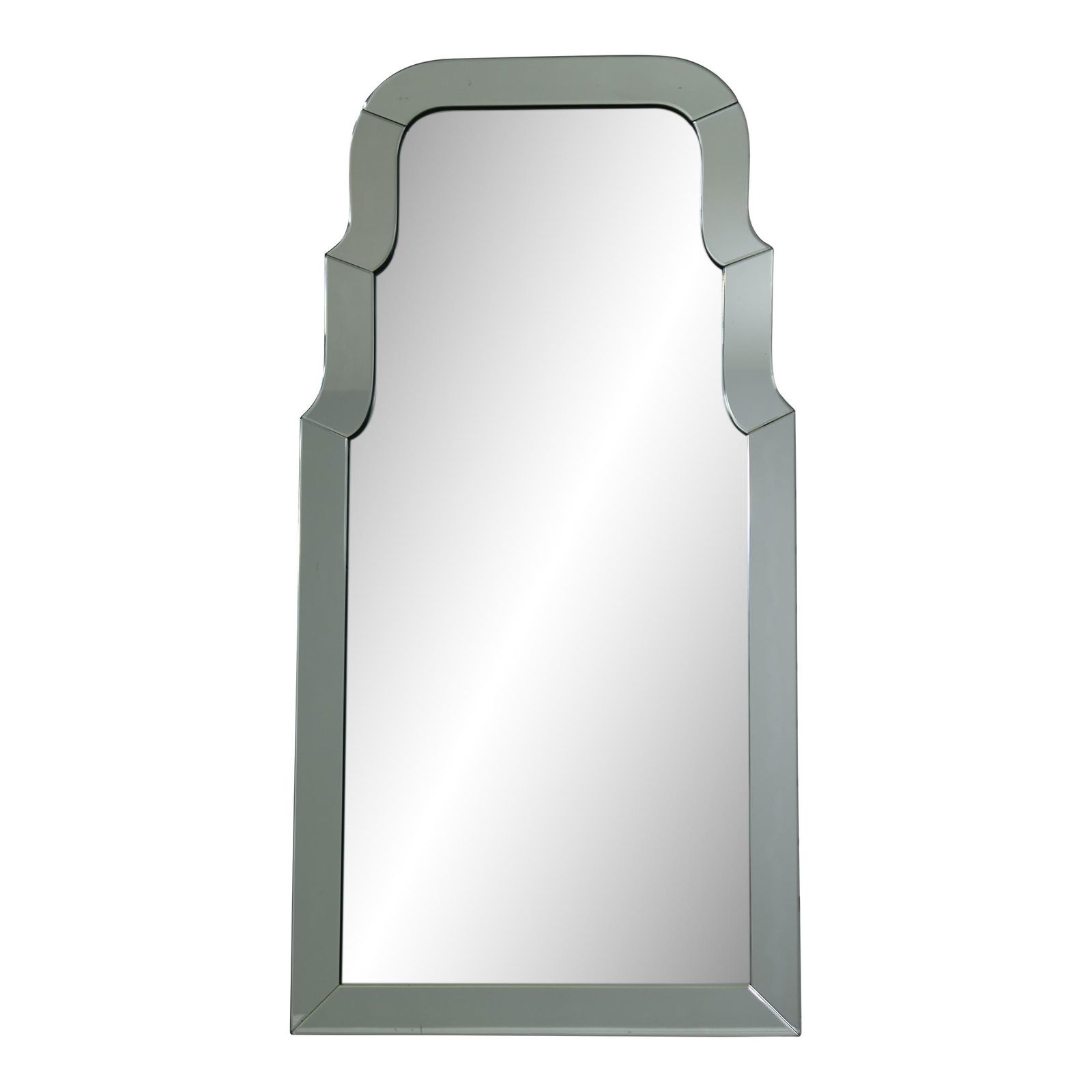 Hollywood Regency Tombstone Mirror 26x51 Silver Beveled Glass: Hollywood Regency Tombstone Mirror 26x51 Silver Beveled Glass This large Hollywood Regency style tombstone decorative mirror features a stunning beveled glass design. Approximately 30 years old, the m